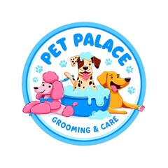 Fototapeta premium dog grooming badge design, playful pet grooming logo, cartoon dog grooming service