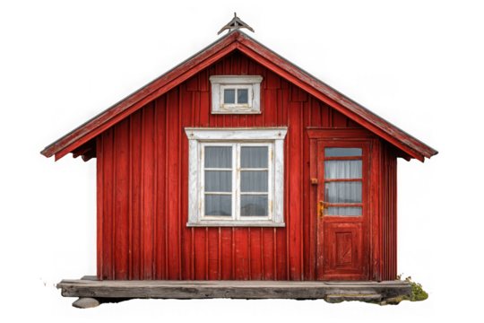 Rustic red wooden cabin with white trim and windows isolated on transparent background