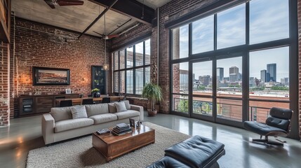 Naklejka premium Loft apartment with brick walls, large windows, and city views