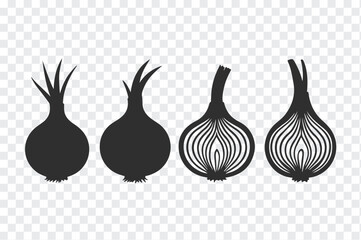 A set of four black silhouette icons of onions showing whole and halved vegetables with visible layers and roots