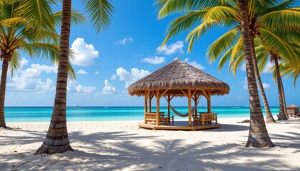 Tranquil Beach Scene with Palm Trees and Seaside Gazebo Under Bright Blue Sky
