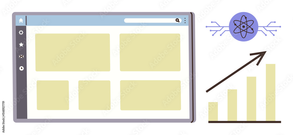 Aufkleber browser interface displaying data layout, atomic structure symbol, upward bar chart. ideal for analy