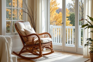 Cozy wicker rocking chair by the window with autumn view and natural light in a living room