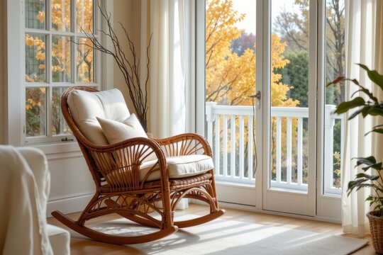 Cozy wicker rocking chair by the window with autumn view and natural light in a living room