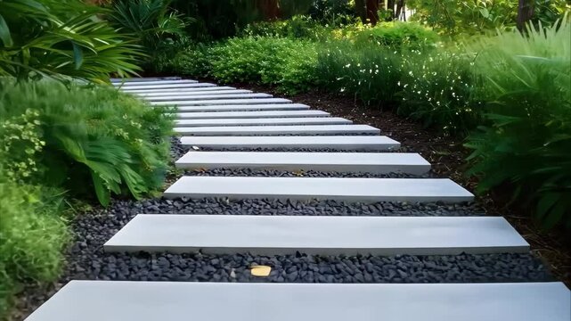 A garden pathway made of white stepping stones surrounded by lush green plants and dark gravel.