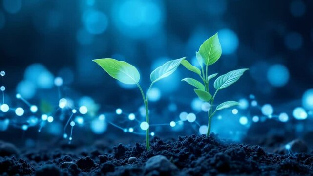 Plants growing. Biotechnology concept. Low poly style design. Abstract blue geometric background. Wire frame light connection structure. 4k video