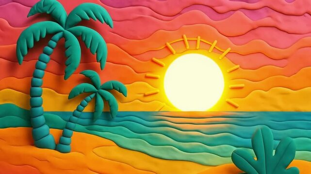 Vibrant claymation-style sunset with palm trees, viewed from a low angle. Perfect for a tropical-themed video backdrop or creative project. Live desktop wallpaper.