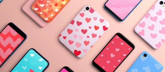Colorful phone cases with repeating heart patterns on a pastel background