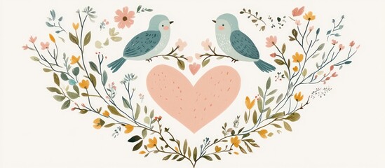 Two birds, heart, and floral wreath