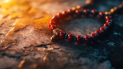 Red beaded bracelet on textured stone