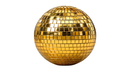 A single golden disco ball with many reflective mirrored squares isolated on transparent background