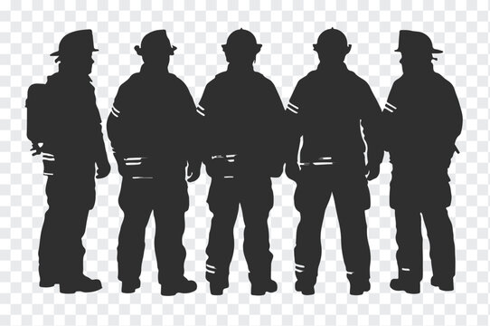 Silhouette of five firefighters standing together in uniform representing teamwork and bravery in their profession