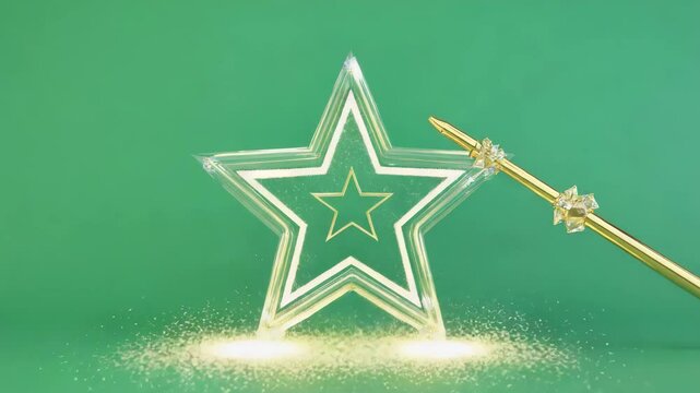 Animated magic wand creating spark trail that draws a star on green chroma background (#00FF00), 4K, isolated on white background