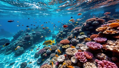 Fototapeta premium Vibrant Coral Reef Underwater Scene with Colorful Tropical Fish and Clear Blue Water