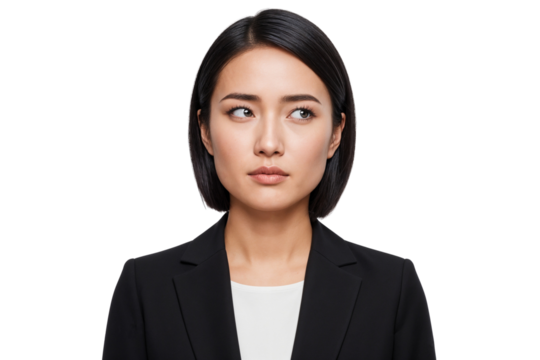 Thoughtful businesswoman in formal suit looking away with a serious expression, isolated on transparent background