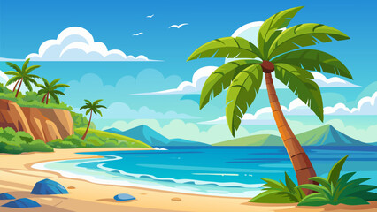 Serene Tropical Beach. Palm Trees. Ocean. and Sandy Shores