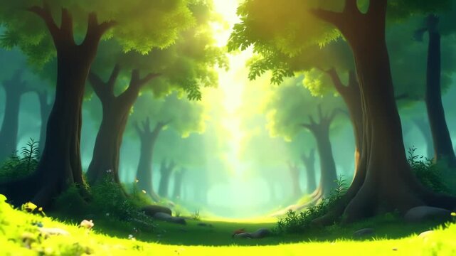 Nature-themed opening with animated forest and light rays