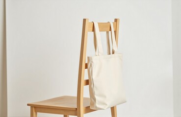 Cream canvas tote bag hanging on wooden chair in white studio with soft daylight, warm shadow tones, product photo for clean lifestyle branding