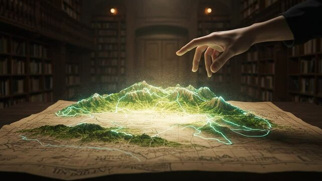 Hand interacting with a glowing map in library
