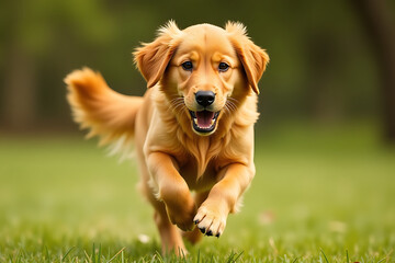 Golden Retriever Puppy Running Joyfully Through Grassy Field

