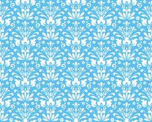 Floral pattern. Seamless vector background. Vintage wallpaper in the Baroque style. White and blue ornament for fabric, wallpaper, packaging. Ornate Damask flower illustration