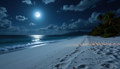 Serene Moonlit Beach Scene with Gentle Waves and Lush Tropical Palm Trees
