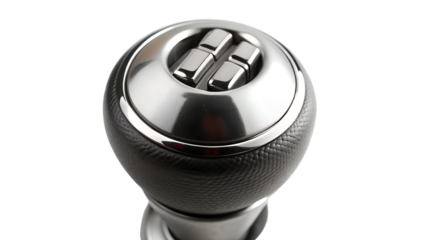 Closeup of a black and silver car gear shift knob, isolated on transparent background