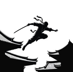 Silhouette of a ninja jumping between rooftops with a sword in a black and white illustration