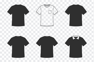 Collection of six diverse t shirt designs including plain black outlined and collared styles for fashion and apparel concepts