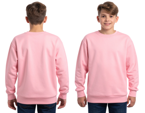 Blonde Haired Boy in Pink Long Sleeve Shirt Front and Back View, Transparent Background