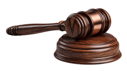A realistic wooden judge s gavel with a copper band resting on its sounding block isolated on transparent background