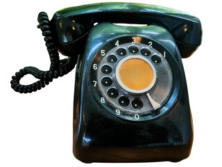 A classic black rotary dial telephone with a coiled cord, showcasing a vintage design and circular...