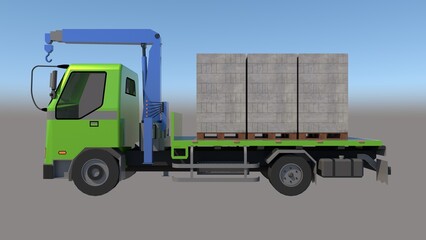 Rendered image of a green flatbed truck with a blue 6.5-ton mounted crane loaded with stacks of 60cmx20cmx10cm lightweight bricks, from the side against a gradient set, defining heavy-duty transport