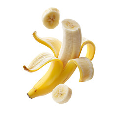 Peeled banana with slices floating in air