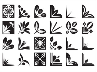 Collection of decorative black and white corner flourishes and floral elements