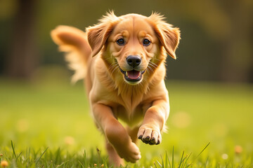 Golden Retriever Joyfully Running Through Grassy Field

