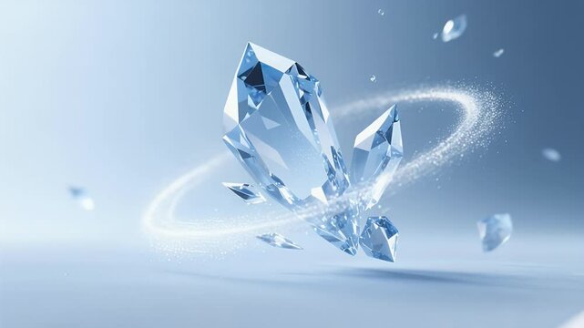 Sparkling Crystal Formation: Abstract Gem with Particle Trail on Light Blue Background