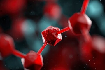 Red polyhedral molecules connected by rods against a dark blurred background with light particles