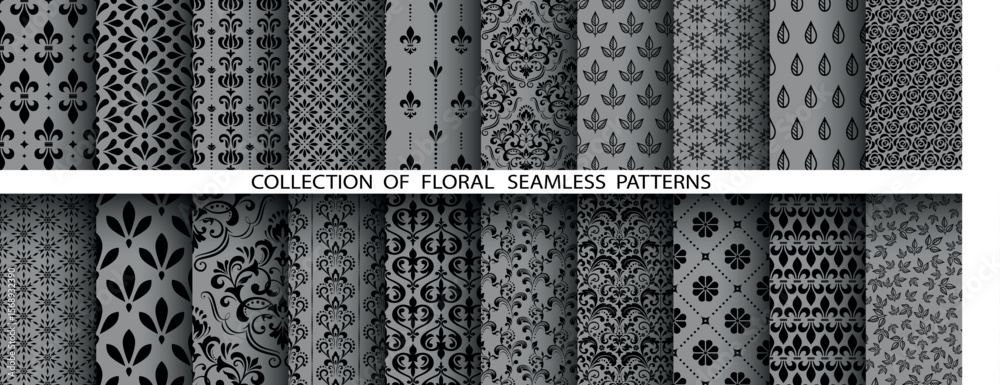Poster Geometric floral set of seamless patterns. Gray and black vector backgrounds. Damask graphic ornaments