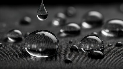 Water droplets resting on a textured dark fabric macro detail with sharp focus