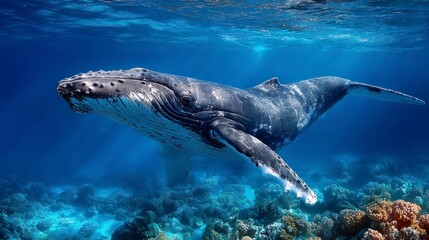 Majestic humpback whale swims gracefully through a vibrant coral reef ocean