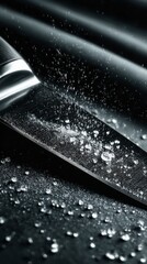 Close up of a sharp steel knife blade with water droplets and mist metal