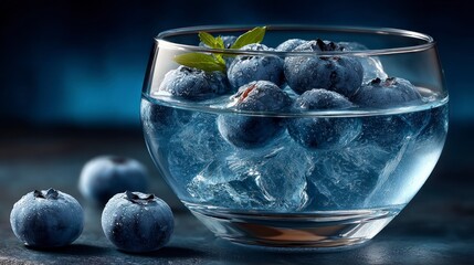 Fresh blueberries with ice cubes and water in a clear glass bowl on a dark surface