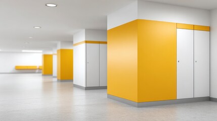 Bright modern hallway with yellow pillars and white doors corridor interior