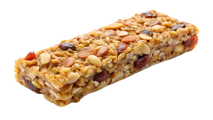 A delicious granola bar, packed with nuts, seeds, and dried fruits, is isolated on transparent background, perfect for a healthy snack