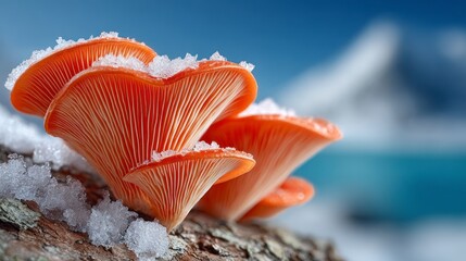 Close up of vibrant orange oyster mushrooms with snow on a rough tree branch against a blurred winter landscape