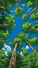 Looking up through lush green trees towards a bright blue sky with scattered clouds