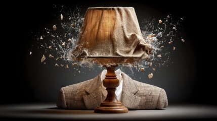 Lamp shade exploding with debris and liquid splashes worn by a suit Explosion