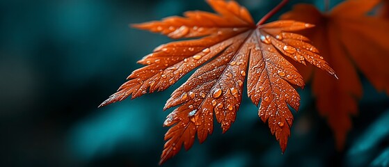 Close up of wet reddish brown maple leaves with shallow depth of field blurred background