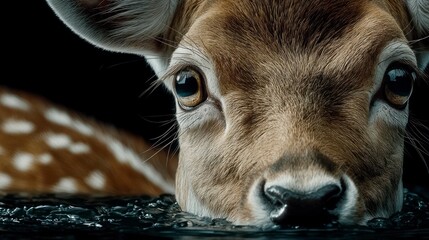 Close up of a fawn's face drinking water its fur detailed against a dark background